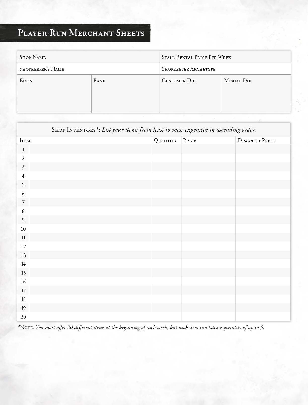 Tavern Tales: Form Fillable Player Stall Sheet